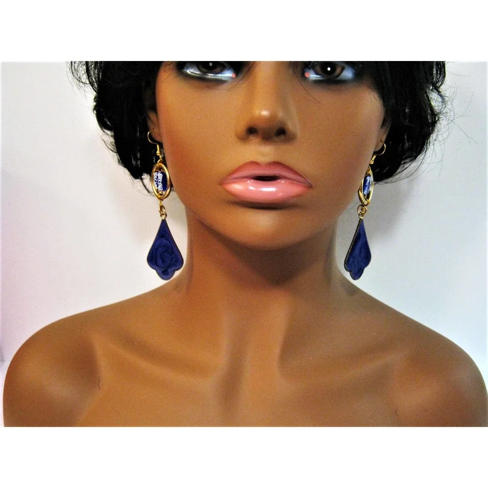 Purple Gold Enameled metal Vintage Bead accent Drop Earrings 3 inch long